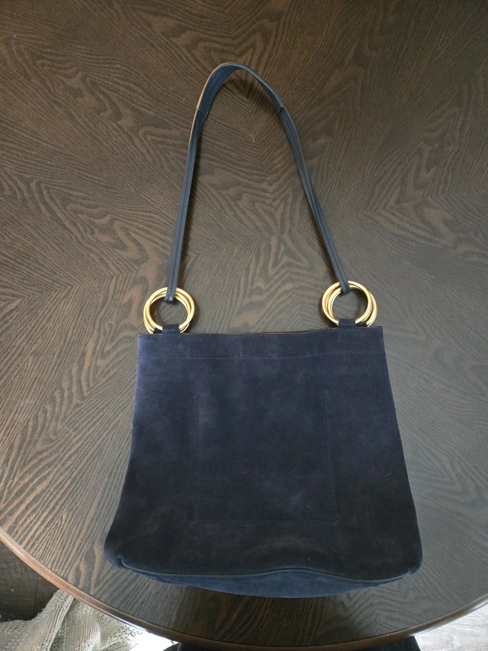 Tory Burch Navy Suede Shoulder Tote with Gold Ring Accents